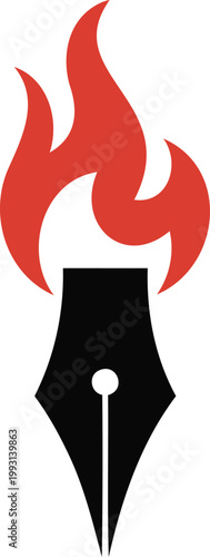 Pen nib with red flame on white background