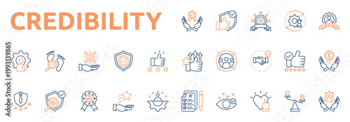 Credibility icon set color outline style with reliable, believable, consistency, reputation, specialist, track record, responsibility icons