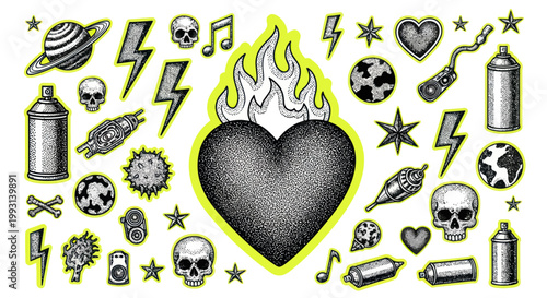 Collection of grunge-style icons with flaming heart, skulls, lightning, and spray cans