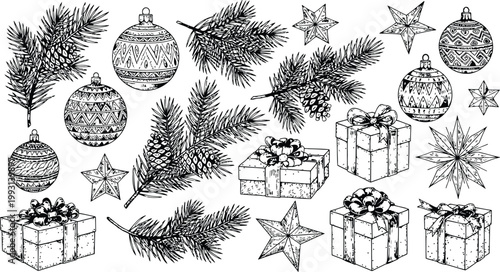 Christmas Ornaments Pine Branches and Gift Boxes Hand Drawn Sketch