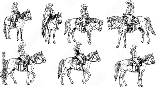 Cowgirls riding horses in a sketch style with distinct poses and attire suitable for western themes