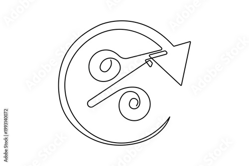 Percent icon with arrow continuous one line drawing in minimalist style with clean outline vector illustration design