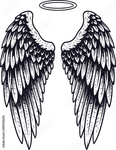 Detailed Angel Wings with Halo Drawn in a Vintage Engraving Style