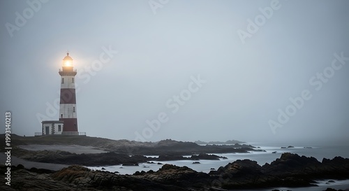 a lighthouse on a rocky coastline with a light on top