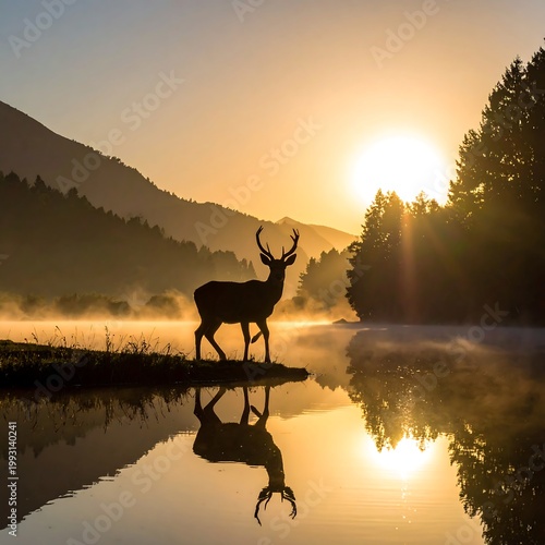 Deer standing by serene lake at sunrise.