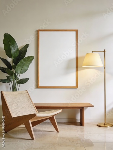 Vertical poster frame mockup in modern minimal living room