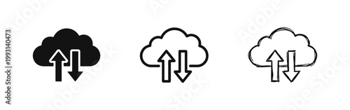 Cloud Computing Icons Set with Upload and Download Arrows, Data Transfer Symbols in Solid, Outline and Sketch