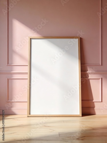 Vertical poster frame mockup against pink wall in stylish interior
