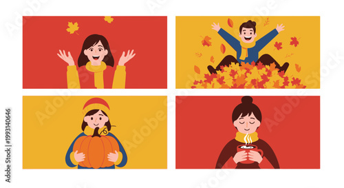 Happy people enjoying autumn lifestyle activities like playing in leaves with pumpkin and warm drink in this seasonal flat vector illustration set collection