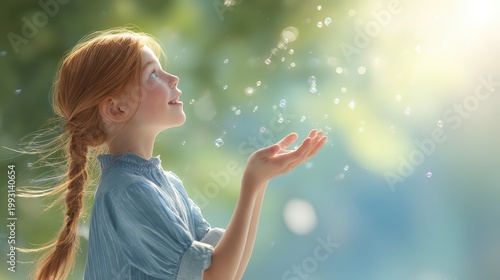 Young girl enjoying bubbles in a sunny garden in the afternoon, showing happiness and wonder in her expression