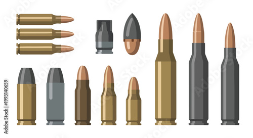 Collection of various bullets and ammunition on a white background, showcasing different types and sizes in a detailed illustration.