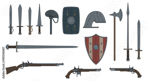 Flat lay of various medieval and modern weapons with a shield on a white background.