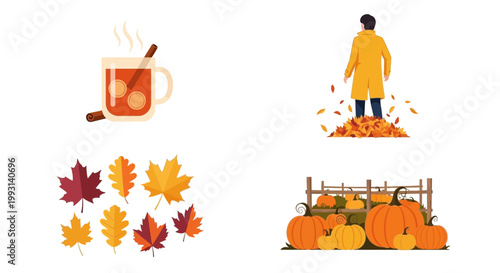 Autumn lifestyle marketing concept featuring warm drink and fall foliage elements for corporate digital design
