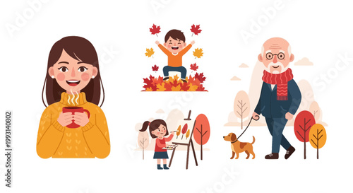Flat design vector illustration of family enjoying autumn season with warm cozy lifestyle moments in colorful outdoor environment