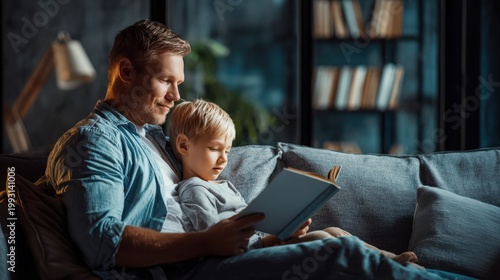 Father reads a book to child on a couch in a cozy living room during the evening time