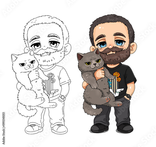 Cute cartoon illustration of a bearded man holding a cat, shown in line art and colored versions. Stylized character design with a friendly mood, perfect for stickers, avatars, pet themed designs
