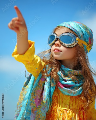 Child in bright clothing points to the sky while wearing goggles and a scarf, standing outdoors on a sunny day