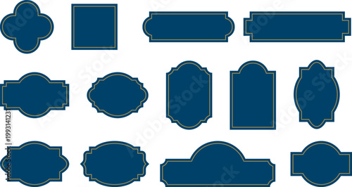 Elegant vintage labels in deep navy blue color with ornate gold border. Classic badges for luxury branding, premium packaging and invitations. Set of vector designs with blank space