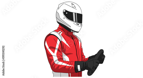 A focused racing driver in a red and white suit is depicted from a side profile view while firmly gripping a black steering wheel during a race event.