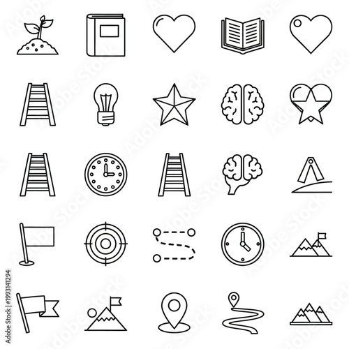 A collection of various line icons depicting symbols and objects.