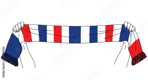 Hands holding a France sports scarf with blue, white, and red stripes for fan support