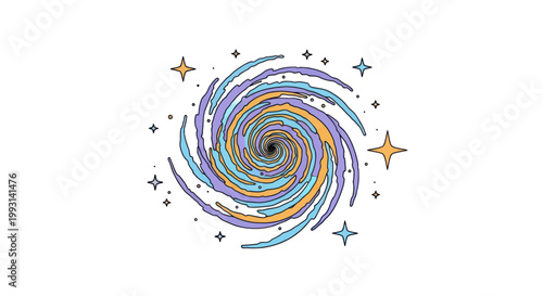 Stylized colorful spiral galaxy illustration with stars on white background