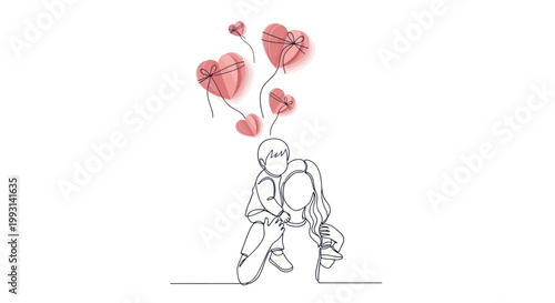 Continuous line art of a mother carrying her child with floating heart balloons.