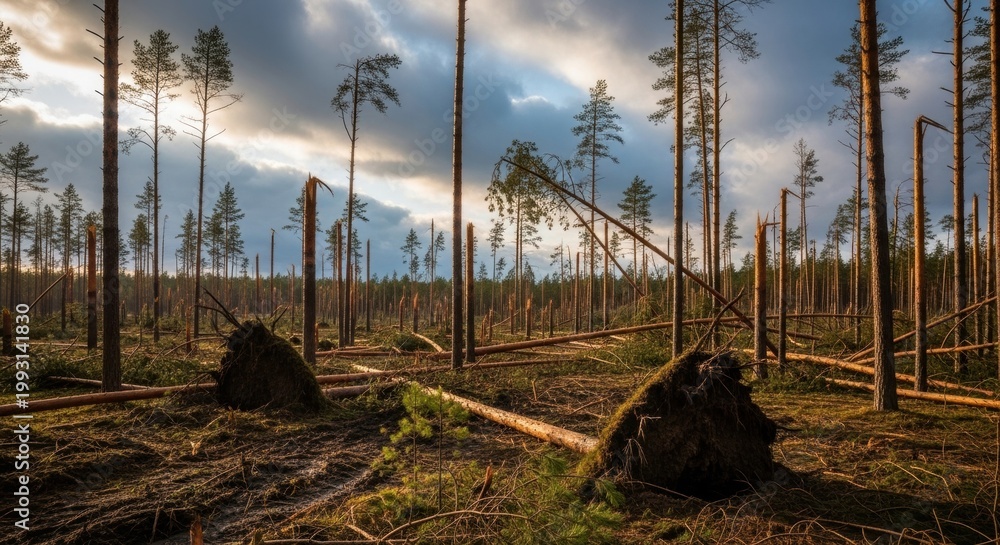 Obraz premium Dramatic Forest Landscape After Devastating Storm with Fallen Trees.