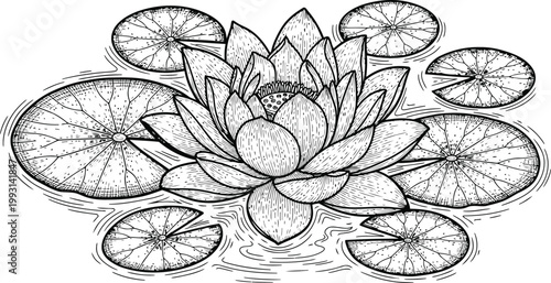 Detailed ink drawing of a blooming lotus flower with lily pads on rippling water
