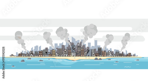 A wide panoramic view shows a devastated coastal city with numerous ruined buildings and thick plumes of grey smoke rising into a hazy overcast sky.