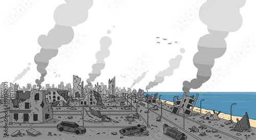 A close-up perspective of a destroyed urban street features overturned cars, crumbling building facades, and massive plumes of dark smoke against a white sky.