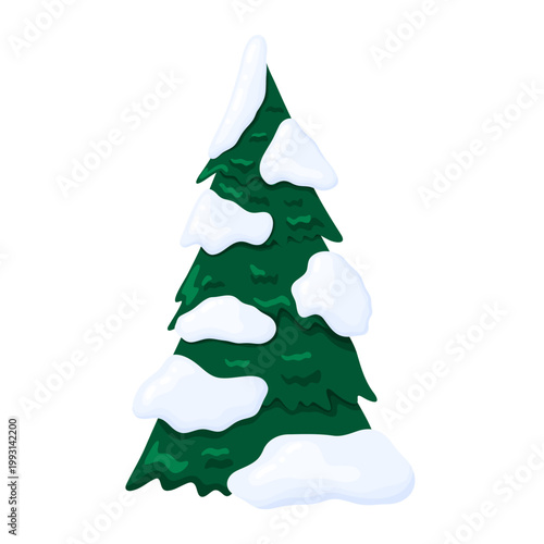 Cartoon Green Pine Tree Covered with White Snow