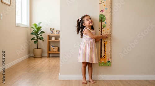 A child measuring their height against the wall at home, happy with their growth and development.