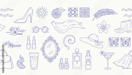 Fashion icons, beauty symbols, accessories set, vector illustrations