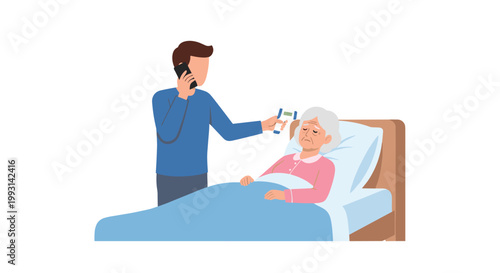 A concerned young man uses a digital infrared thermometer to check the body temperature of an elderly woman resting comfortably in a blue bed frame.