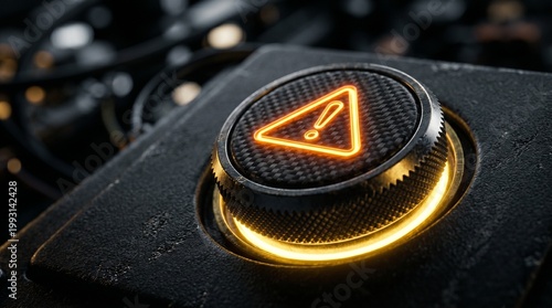 orange warning Black circular alert button,glowing emergency alert button symbolizing a critical system error, safety alert, or the 