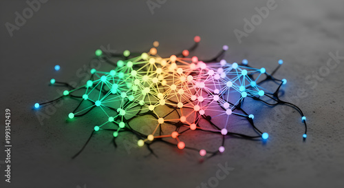 A vibrant bundle of colorful string lights lies on a dark surface indoors.