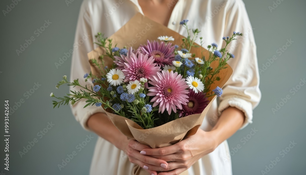 Naklejka premium Woman holds bouquet of pink gerbera daisies and small blue flowers wrapped in brown paper. Natural light and muted background create soft, earthy aesthetic. Simple floral arrangement.