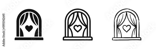 Romantic Window Icons with Curtains and Heart in Three Different Art Styles