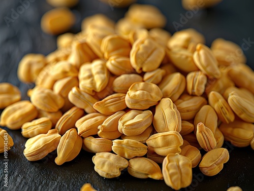 A pile of golden wheat grains on a dark slate surface
