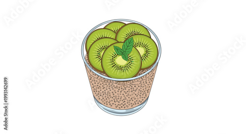 A tall transparent glass cup contains layers of nutritious chia seed pudding topped with several fresh circular slices of ripe green kiwi fruit and mint.
