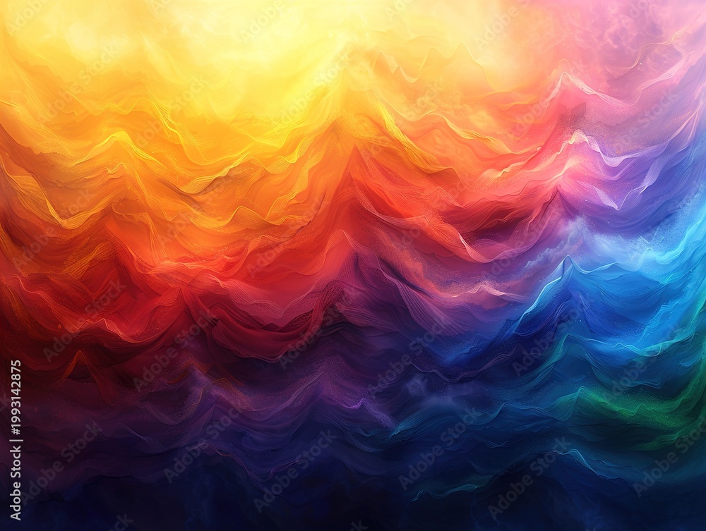 Obraz premium A vibrant abstract mountain landscape with a colorful rainbow sunset