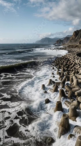 Rugged Coastal Landscape with Tetrapods and Crashing Waves Under a Dramatic Sky