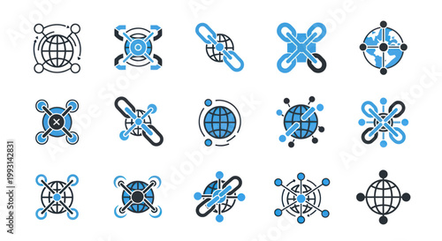Set of modern global blockchain network and digital connection icons on a white background.