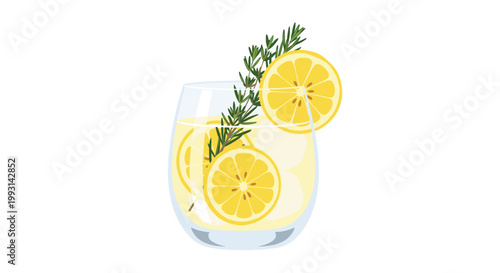 Refreshing glass of chilled lemonade garnished with bright yellow lemon slices and a fragrant green rosemary sprig stands against a white background.