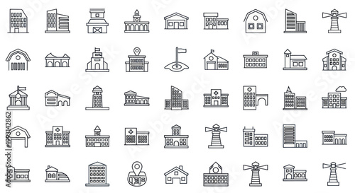 Set of building line icons representing various architecture and city infrastructure