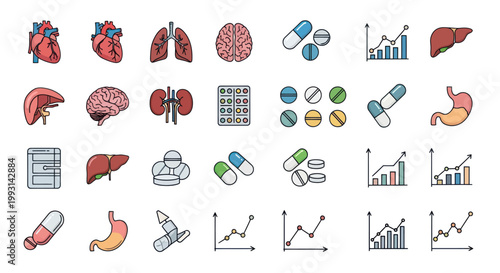 A collection of medical icons featuring human organs, pharmaceutical drugs, and health data graphs.