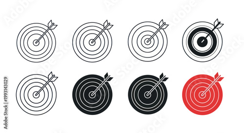 Collection of archery target icons with arrow in bullseye for goal achievement