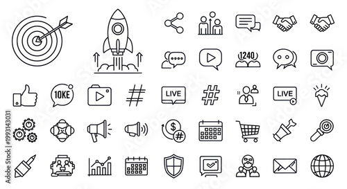 Collection of business and social media marketing line icons for startup growth and communication