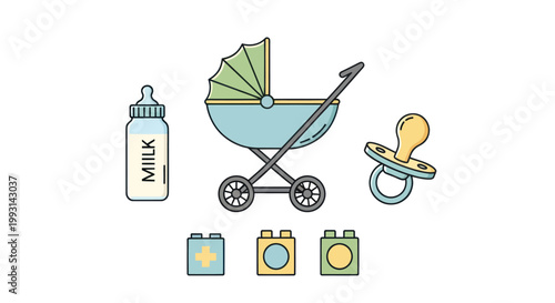Flat line art illustration of baby care items including a stroller bottle and pacifier